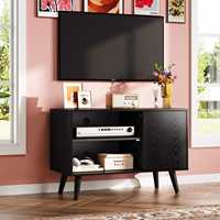 Console TV noire de 32 pouces de style Mid-Century, petit meuble multimédia avec armoire et étagères ouvertes pour salon et chambre à coucher