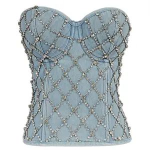 2021 Nieuwkomers Zomer Stijlen Off Schouder Terug Tie Kralen Mode Vrouwen Denim Crop Top Cami Tops Met Ingebouwde bras