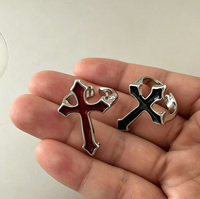 Bagues ouvertes ajustables en alliage d'argent style gothique vintage pour femmes et hommes, avec croix en émail rouge et noir, tendance hip-hop