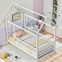 Lit de sol Montessori double, cadre de lit en bois avec lattes et barrière, lit cabane pour chambre de garçons et filles, blanc