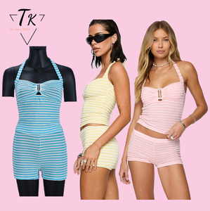Conjunto Casual Think 2025, Top Corto sin Mangas a Rayas y Shorts Ajustados por Encima de la Rodilla, Ropa de Playa sin Espalda, Conjunto de 2 Piezas para Mujer - Product Image 1