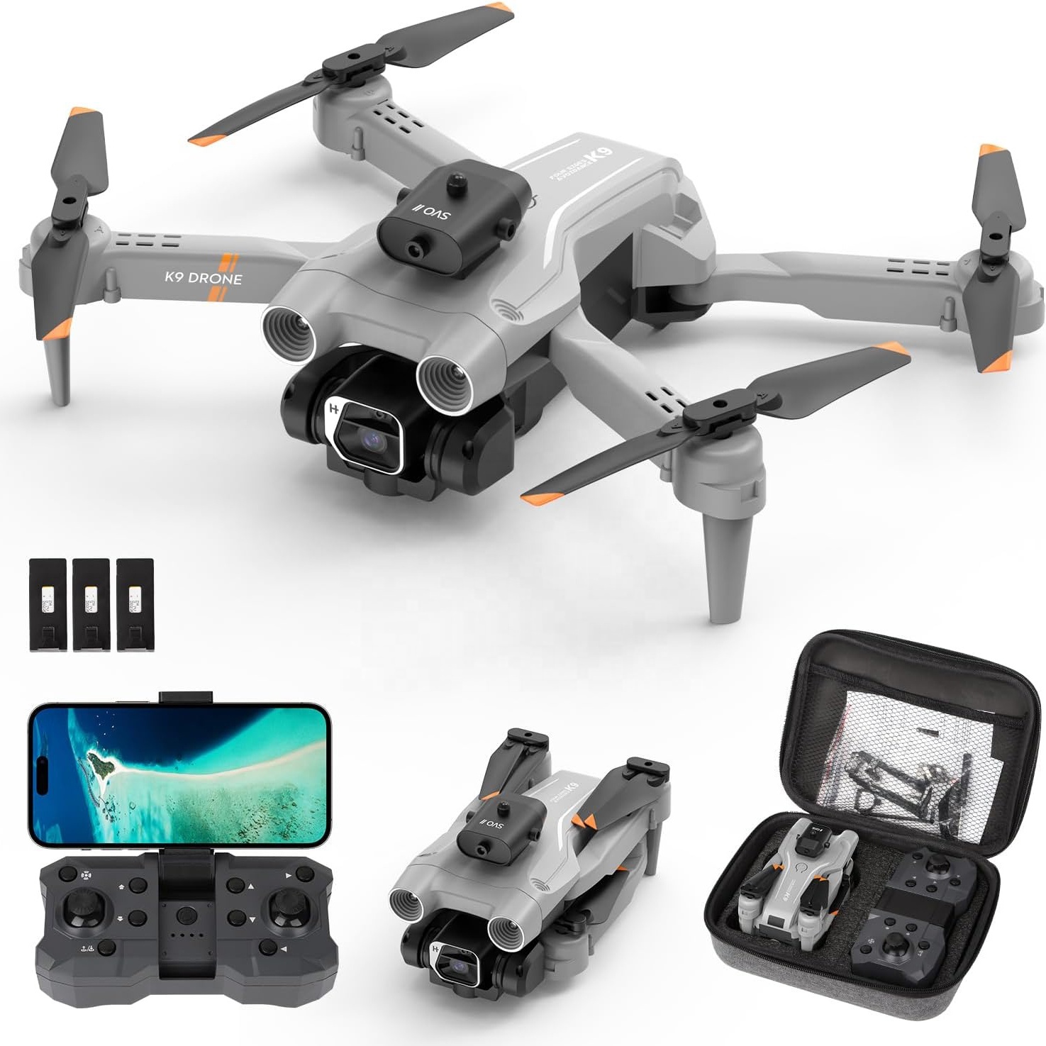 Mini Drone K9 Avec Caméra 4K HD Pliable – WiFi FPV, Évitement Obstacles, Flux Optique, Vol Trajectoire, 50x Zoom, 20 Min De Vol, Cadeau Adulte Enfant
