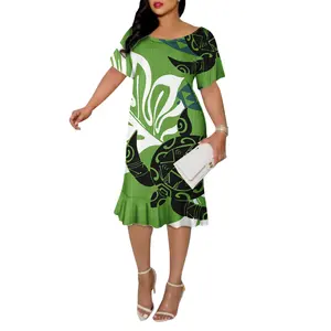 뜨거운 판매 바다 거북 패턴 녹색 짧은 소매 여름 해변 인어 드레스 캐주얼 하와이안 뉴 Bodycon 섹시한 사모아 드레스