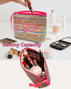 Borsa per il Trucco in Paglia, <span class=keywords><strong>Pochette</strong></span> da Polso, Borsa da Viaggio per Cosmetici con Cerniera, Borsa Portatile per Articoli da Toeletta e Cura della Pelle per Donne e Ragazze - Product Image 2