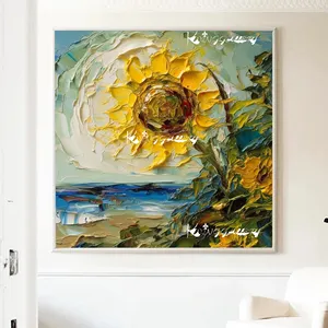 Seni dinding bunga matahari kuning besar dekorasi musim semi lukisan minyak kanvas bunga matahari bertekstur asli seni buatan tangan