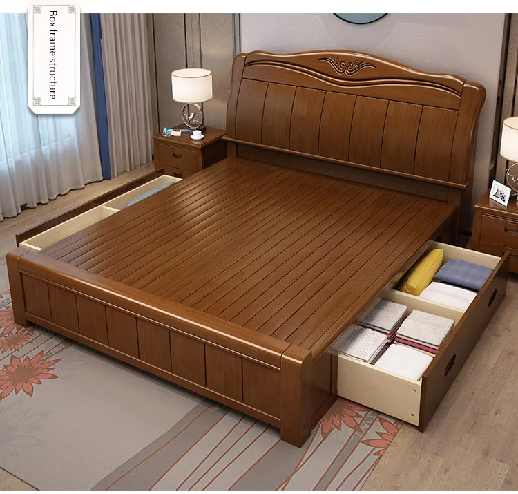 Bingkai Tempat Tidur Penyimpanan Grosir Furnitur Kayu Modern Queen King Double Wood Tempat Tidur