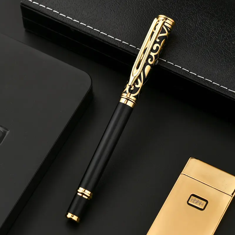 Conjunto de caneta rollerball, caneta de laca preta de alta qualidade, caneta de luxo despertante, presentes, acabamento dourado, caneta de rolo de metal para homens