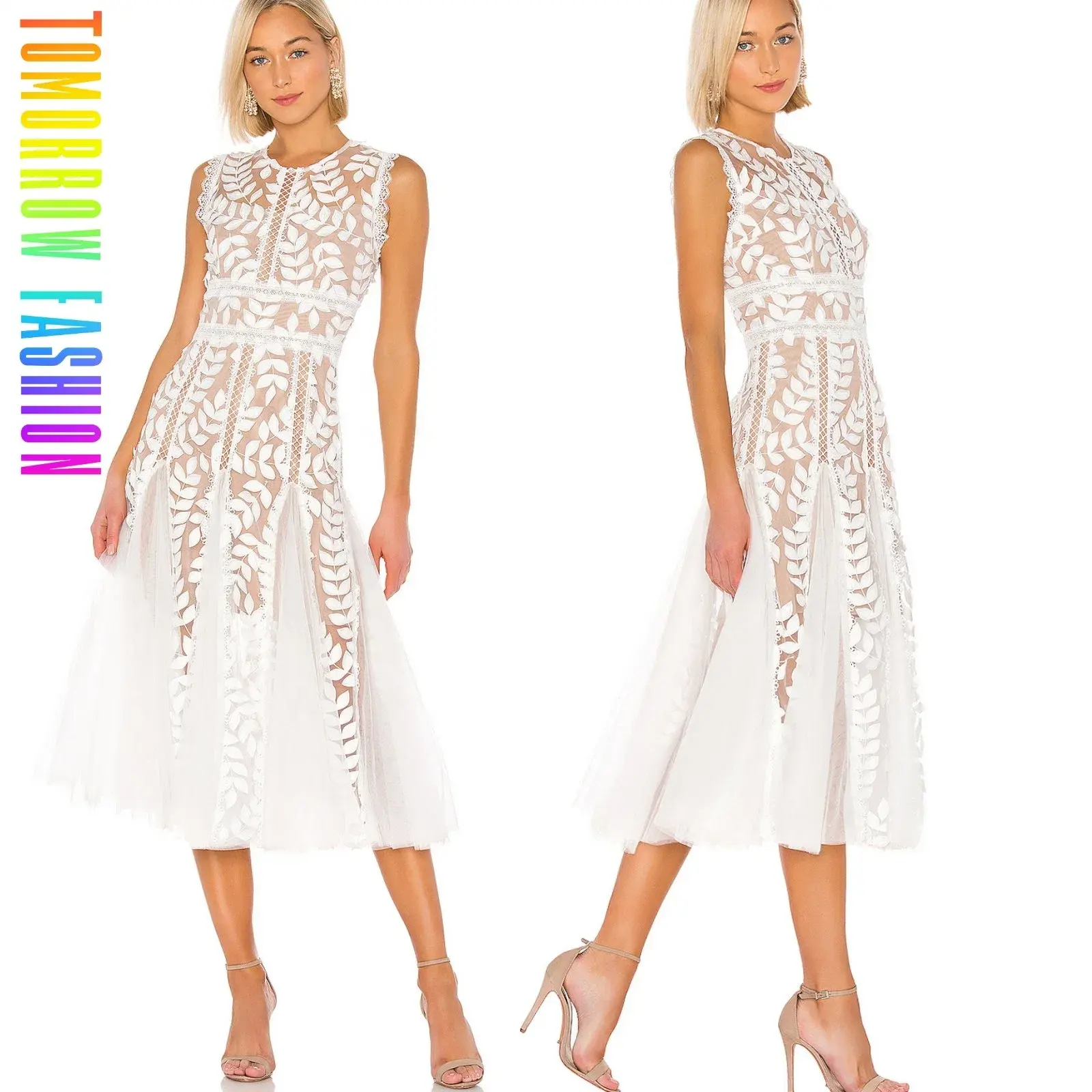 Disesuaikan Logo Floral Applique desain terbaru wanita elegan pakaian grosir putih kasual Mesh renda Trim Gaun