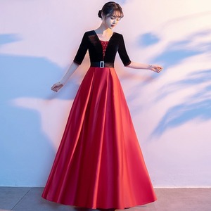 Modern Choir Performance Dress Women's Long Red V-neck Velvet Sheath Slim Fit Career Dress - Product Image 3