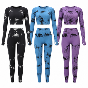 Ensemble de yoga personnalisé à manches longues, imprimé tie-dye, 2 pièces, haut court taille haute et pantalon long, en Spandex et Polyester, extensible dans les quatre sens, OEM - Product Image 4