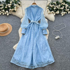 Vestidos para Mujer, Elegantes, Estilo Real, Manga Farol, Encaje Bordado, Vestido Línea A, Vestido Azul Ajustado para Mujer - Product Image 4