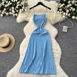 Vestido de punto de verano para mujer, nuevo, elegante, con patrón vertical, cintura ajustada, efecto adelgazante, tipo camisola, falda larga interior. - Product Image 6