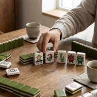 Jeu de Mahjong américain Danse du Lion Chinois, 3 couches, tuiles en acrylique vert beige, motif personnalisé Lotus Bambou, cadeau de jeu