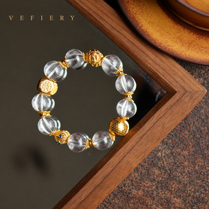 Natural Clear Quartz Transparent Round Beaded Stretch <b>Bracelet</b> with Gold Tone Details <b>for</b> <b>Women</b> Jewelry Wholesale - Product Image 4
