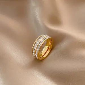 新款到货水晶钻石戒指镀银镀金水钻戒指双排钻石套装戒指女性时尚饰品