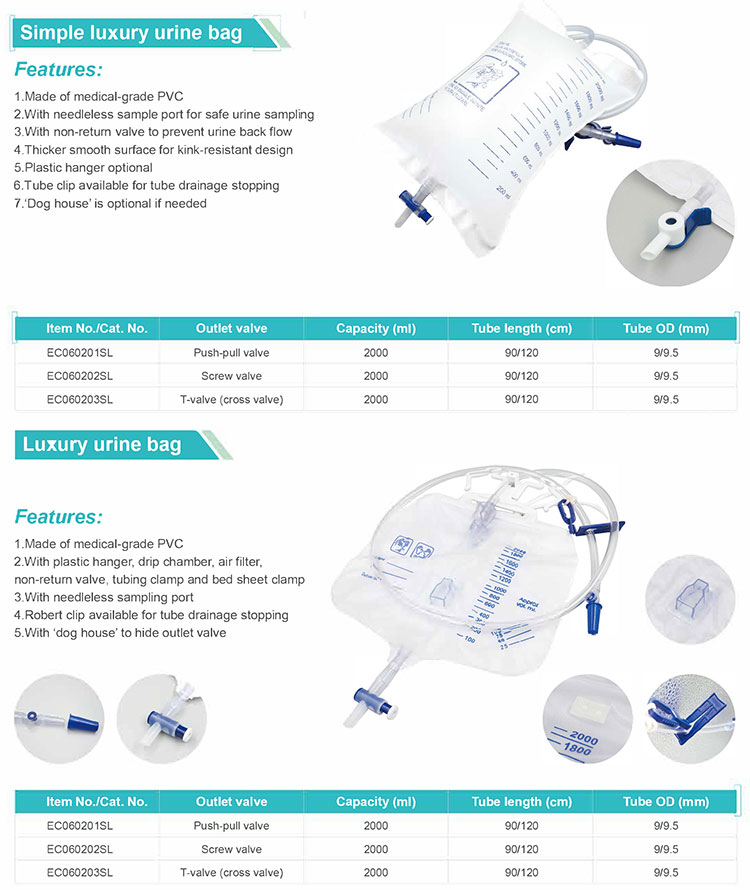 Bolsa de orina de lujo simple de alta calidad de 2000 ml (válvula cruzada) para uso médico