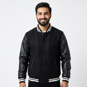 แจ็กเก็ตทีมเบสบอลแขนหนังสำหรับผู้ชายเสื้อแจ็คเก็ตผ้าขนแกะ - Product Image 1