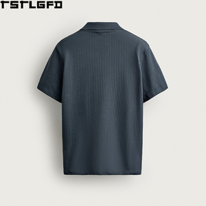 Polo de punto abierto con cuello Johnny para hombre, azul pizarra, manga corta, fabricantes de polos para hombre al por mayor - Product Image 2