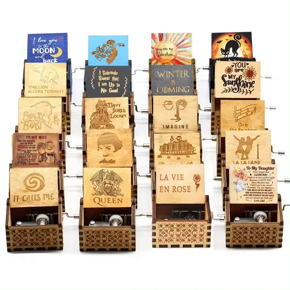 Handmade Music Box Popular Laser Engraved Hand Crank Wooden Music Box for Your Lover Valentine's Day Gift