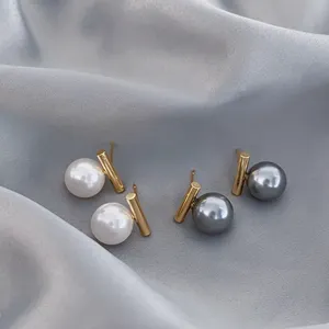 Vershal A-844 Delicate 18k Gold Plated Minimalist Geometric Gray Gray Pearl Stud Earrings