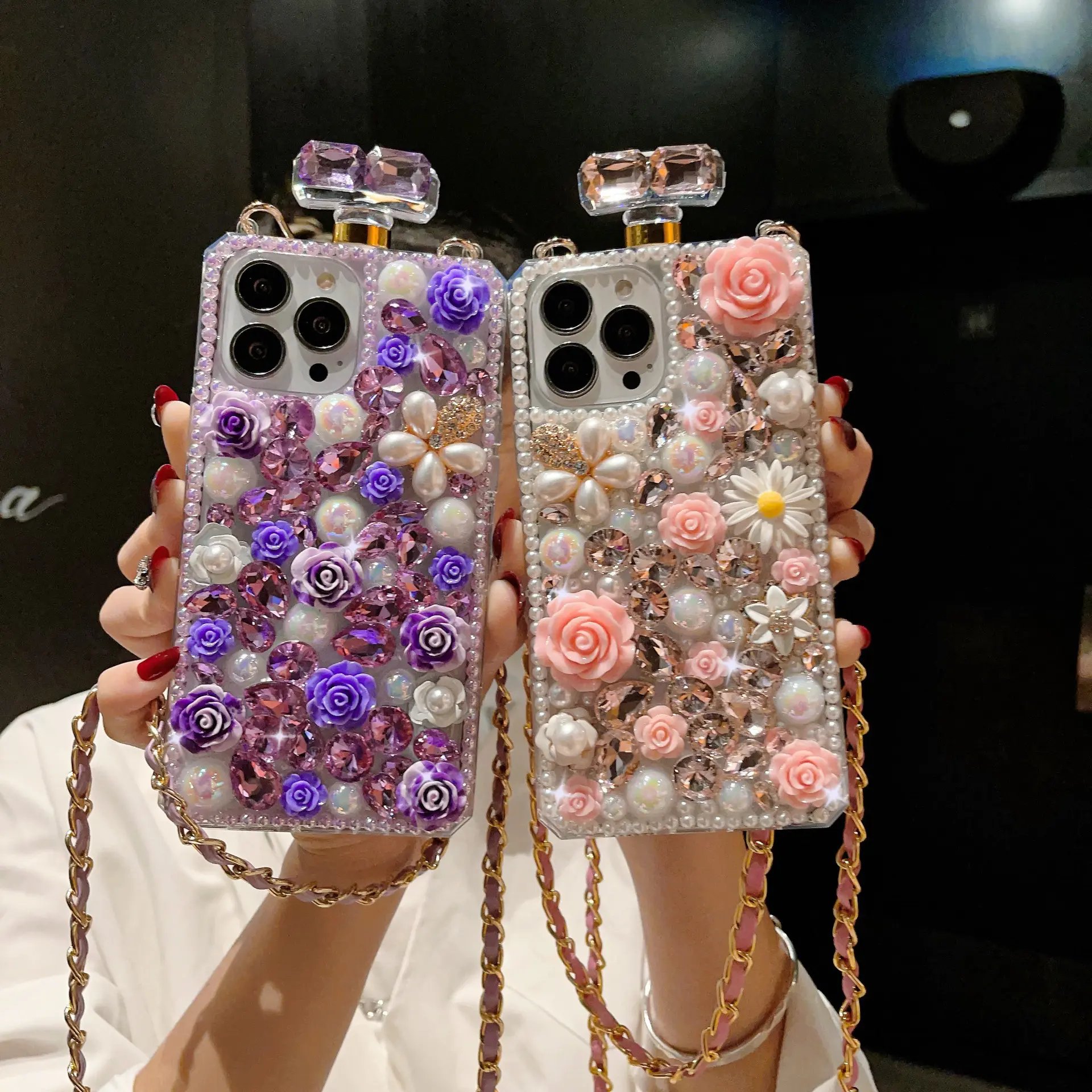 Perfume Phone Case for iPhone 14 Pro Max Handmade Diamond Case Flower