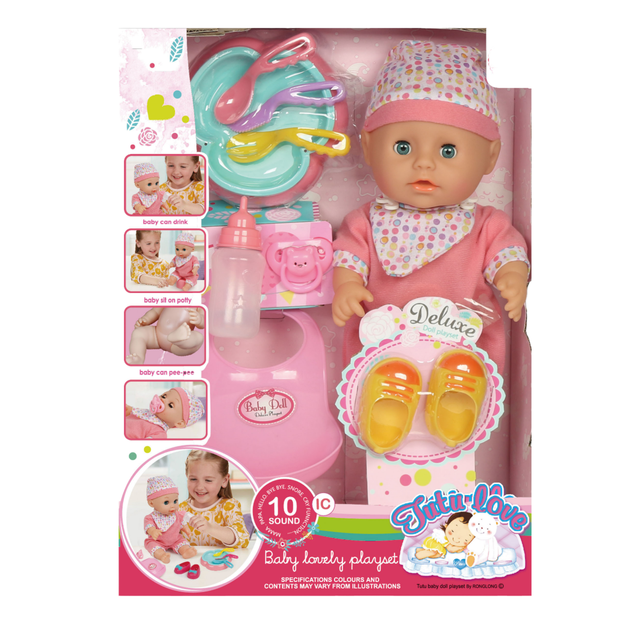 Hot Sale 14 Inch Funny Battery Operated Dining Chair Toy Educational Plastic Drink Pee Baby Electric Doll with Sounds