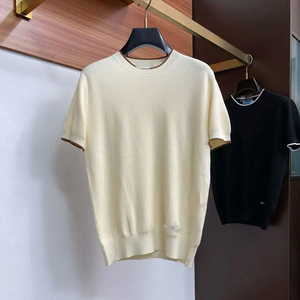 Dropshipping เสื้อยืดแขนสั้นแบบถักเข้ารูปสำหรับผู้ชายเสื้อยืดคอกลมตัดขอบผ้าไอซ์ซิลค์เสื้อลำลองสีพื้น - Product Image 1