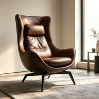 Fauteuil d'appoint relaxant à dossier haut en cuir marron avec structure à quatre pieds en fibre de verre électroplaquée mate pour salon