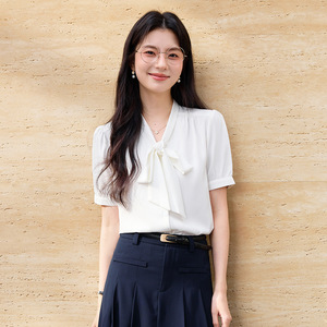 White Chiffon Blouse With Bow Tie Short Sleeve Office Women's Shirt Solid Color Polyester <b>Wrap</b> And Tie Style - Product Image 1