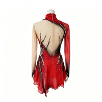 Robe de patinage artistique rouge et noire à strass, col montant, dos ouvert, pour compétition de patinage sur glace, costume de scène pour enfants