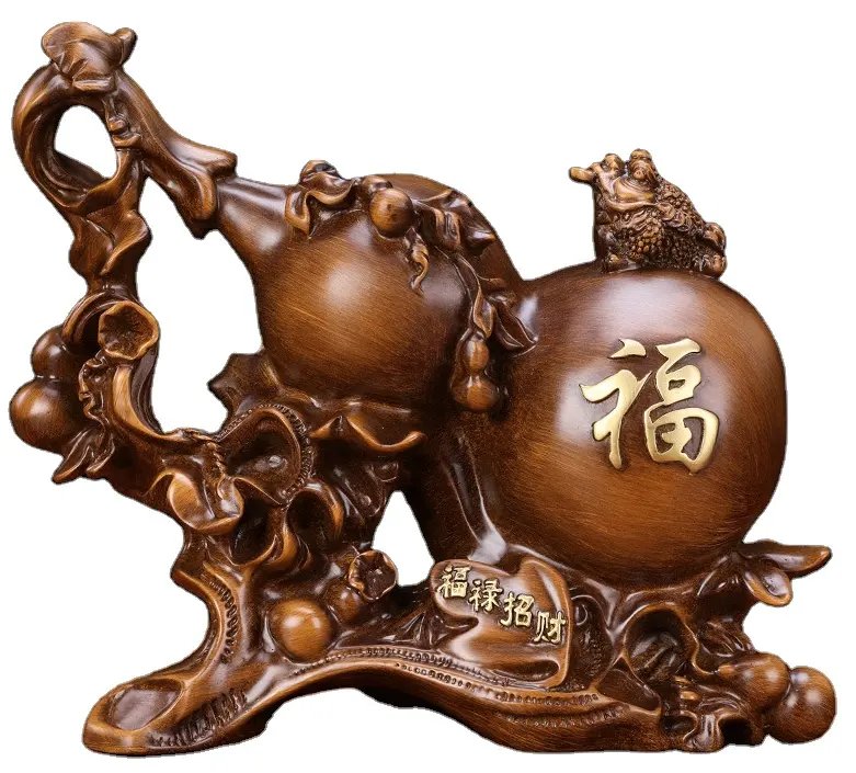 Chinesische traditionelle Fengshui Poly Resin Home Decoration Skulptur Holz Textur Finish Wulu Kürbis Skulptur