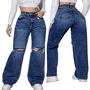 Vaqueros de cintura alta rasgados de pierna ancha para mujer, de mezclilla sólida, largos, desgastados, informales, para otoño, 100% algodón, ajuste holgado - Product Image 1