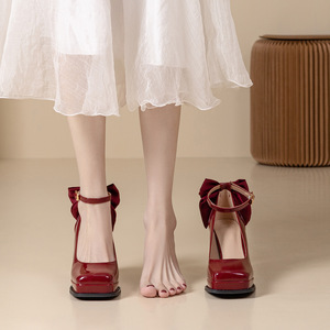 Women's Wine <b>Red</b> Bow High <b>Heels</b> Platform Non-slip Comfortable Princess Style Main Wedding Bridal Shoes - Product Image 3