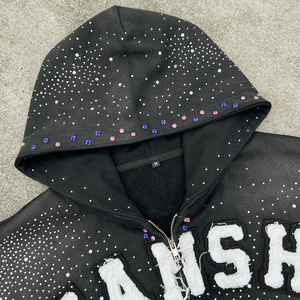 High Quality French Terry Men's Hoodies 100% Cotton Acid Wash Zip up Hoodie Custom Logo Embroidered Patchwork Rhinestone Hoodie - Product Image 3