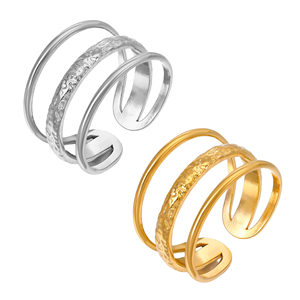 <span class=keywords><strong>Anello</strong></span> Aperto Minimalista Impilabile in Acciaio Inossidabile 304 Placcato Oro con Texture Martellata a Tre Strati per Donna - Product Image 1