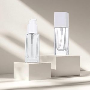 Hot Selling <b>30ml</b> 50ml Square Clear Liquid Foundation <b>Bottle</b> With Pump Frosted Skincare Glass Foundation <b>Bottle</b> for Face Cream - Product Image 4