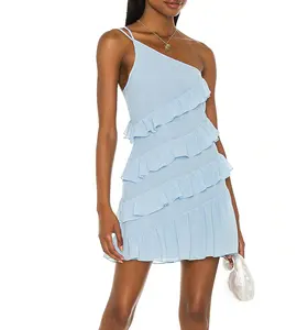 Damen bekleidung im modernen Stil Ein Schulter design mit doppelt verstellbaren Trägern, sexy Rüschen kleid für Damen party kleidung