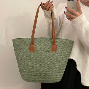 Women's <b>straw</b> <b>bags</b>, large capacity, new style, vacation beach <b>straw</b> <b>bags</b>, woven vegetable baskets, commuter tote bucket <b>bags</b> - Product Image 1