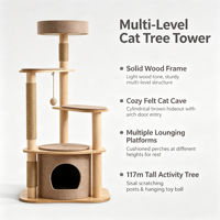 HazelDen Arbre à chat multi-niveaux écologique de 117 cm avec structure en MDF et placage de bois, niche en feutre, plateformes rembourrées et griffoir en sisal