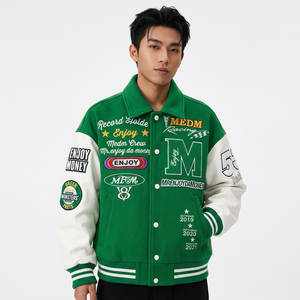 Custom Logo Winter Hooded Varsity Bomber Jacket Patchwork Windproof Button Front Streetwear College Baseball <b>Coat</b> - Product Image 2