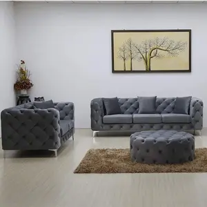 Modern Microfiber Fabric Chesterfield Sectional Couch Furniture Grey Velvet Tufted Sectional Sofa 3 Piece Sofa Set Living Room