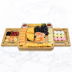 Plateau à fromage en bambou avec double tiroir et couverts, plateau carré pour fromage et pain, planche à découper pour charcuterie - Product Image 1