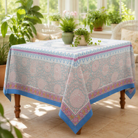 Nappe de table rectangulaire en pur coton, style bohème, imprimé botanique bleu doux, avec bordure florale décorative