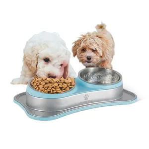 2 in 1 Eco Friendly Double Bowl Dog Cat Bowls Stainless Steel Pet Cat Dog Drinker Slow Feeder Bowl for Wholesale