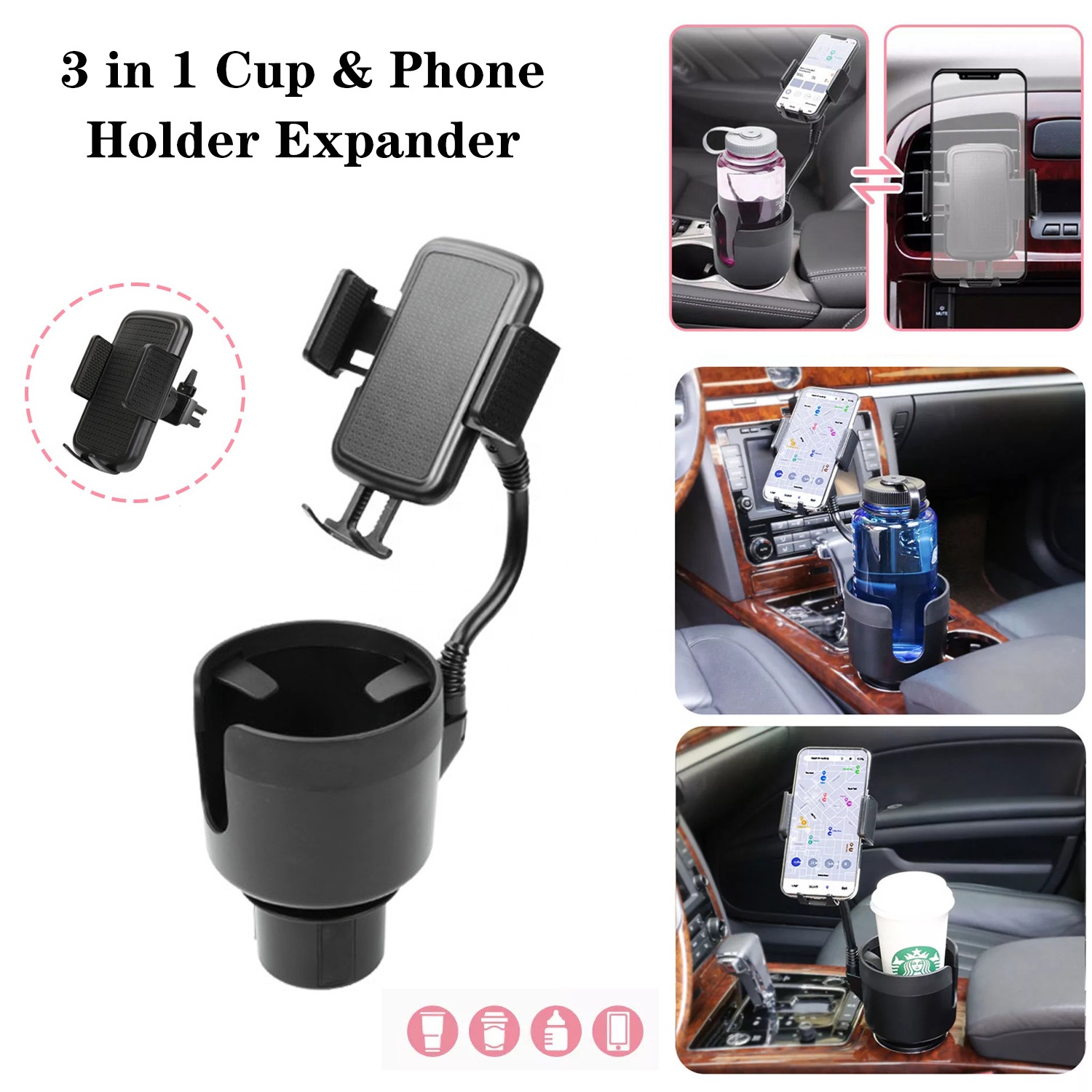 Keynew 3-in-1 Multifunctional Car Cup Holder Expander with Phone Holder - Universal Car Accessories