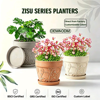Jardinière en plastique gaufré, pot imitation terre cuite, trou de drainage, plateau en option, intérieur/extérieur, BSCI GRS ISO, couleur personnalisée OEM