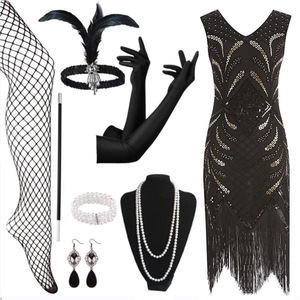 Vestido Retro de los Años 20 con Lentejuelas y Cuentas, Estilo Gatsby, Talla Grande, Conjunto de Disfraz para Mujer con Guantes, Collar, Ocho Piezas - Product Image 3