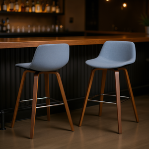 Juego de 2 taburetes de bar Randolph, base de madera gris denim, muebles comerciales modernos de mediados de siglo - Product Image 2