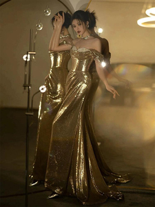 Banquet fête <span class=keywords><strong>robe</strong></span> de soirée dorée femmes élégant luxe Unique paillettes <span class=keywords><strong>robe</strong></span> d'hôte hors épaule sirène Silhouette grillage - Product Image 3