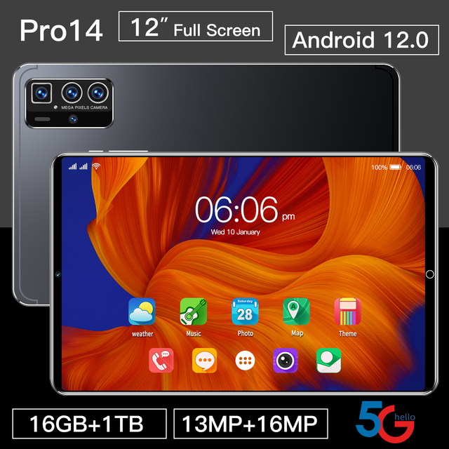 Pro14 12-Inch Octa Core Android Tablet PC 4G Network 16GB 5G 10000mAh Android 12 Front 1TB